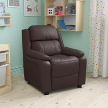 Deluxe Padded Contemporary Brown LeatherSoft Kids Recliner with Storage Arms [FLF-BT-7985-KID-BRN-LEA-GG]