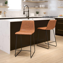 24 Inch Commercial Grade LeatherSoft Counter Height Barstools in Light Brown, Set of 2 [FLF-2-ET-ER18345-24-LB-GG]