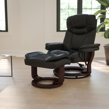 Contemporary Multi-Position Recliner and Curved Ottoman with Swivel Mahogany Wood Base in Black LeatherSoft [FLF-BT-7821-BK-GG]