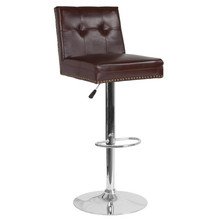 Ravello Contemporary Adjustable Height Barstool with Accent Nail Trim in Brown LeatherSoft [FLF-DS-8411-BRN-GG]
