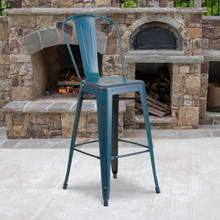 Commercial Grade 30" High Distressed Antique Blue Metal Indoor-Outdoor Barstool with Back [FLF-ET-3534-30-AB-GG]