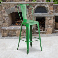 Commercial Grade 30" High Distressed Green Metal Indoor-Outdoor Barstool with Back [FLF-ET-3534-30-GN-GG]