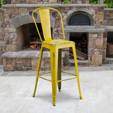 Commercial Grade 30" High Distressed Yellow Metal Indoor-Outdoor Barstool with Back [FLF-ET-3534-30-YL-GG]