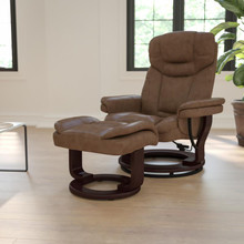 Contemporary Multi-Position Recliner and Curved Ottoman with Swivel Mahogany Wood Base in Palimino LeatherSoft [FLF-BT-7821-PALIMINO-GG]