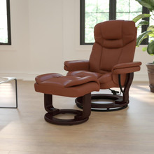 Contemporary Multi-Position Recliner and Curved Ottoman with Swivel Mahogany Wood Base in Brown Vintage LeatherSoft [FLF-BT-7821-VIN-GG]