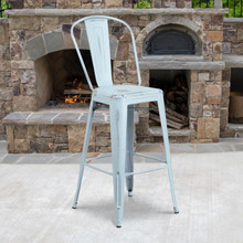 Commercial Grade 30" High Distressed Green-Blue Metal Indoor-Outdoor Barstool with Back [FLF-ET-3534-30-DB-GG]