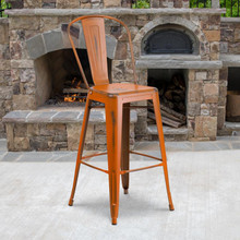 Commercial Grade 30" High Distressed Orange Metal Indoor-Outdoor Barstool with Back [FLF-ET-3534-30-OR-GG]