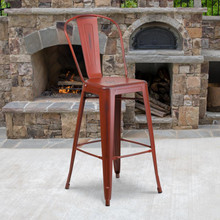 Commercial Grade 30" High Distressed Kelly Red Metal Indoor-Outdoor Barstool with Back [FLF-ET-3534-30-RD-GG]