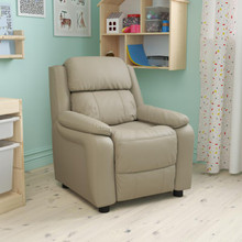 Deluxe Padded Contemporary Beige Vinyl Kids Recliner with Storage Arms [FLF-BT-7985-KID-BGE-GG]