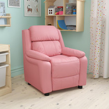 Deluxe Padded Contemporary Pink Vinyl Kids Recliner with Storage Arms [FLF-BT-7985-KID-PINK-GG]