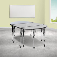 Emmy 3 Piece Mobile 76" Oval Wave Flexible Grey Thermal Laminate Activity Table Set-Standard Height Adjustable Legs [FLF-XU-GRP-A3048CON-48-GY-T-A-CAS-GG]