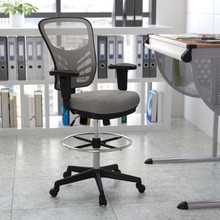 Mid-Back Light Gray Mesh Ergonomic Drafting Chair with Adjustable Chrome Foot Ring, Adjustable Arms and Black Frame [FLF-HL-0001-1CBLACK-LTGY-GG]
