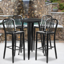 Commercial Grade 24" Round Black Metal Indoor-Outdoor Bar Table Set with 4 Vertical Slat Back Stools [FLF-CH-51080BH-4-30VRT-BK-GG]
