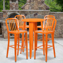 Commercial Grade 24" Round Orange Metal Indoor-Outdoor Bar Table Set with 4 Vertical Slat Back Stools [FLF-CH-51080BH-4-30VRT-OR-GG]