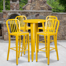 Commercial Grade 24" Round Yellow Metal Indoor-Outdoor Bar Table Set with 4 Vertical Slat Back Stools [FLF-CH-51080BH-4-30VRT-YL-GG]