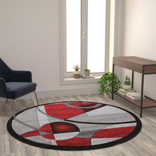 Elias Collection 5' x 5' Round Red Geometric Abstract Area Rug - Olefin Rug with Jute Backing - Hallway, Entryway, or Bedroom [FLF-KP-RG950-55-RD-GG]