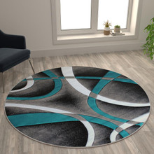 Atlan Collection 5' x 5' Turquoise Round Abstract Area Rug - Olefin Rug with Jute Backing - Entryway, Living Room or Bedroom [FLF-KP-RG951-55-TQ-GG]