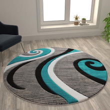 Athos Collection 5' x 5' Turquoise Abstract Area Rug - Olefin Rug with Jute Backing - Hallway, Entryway, or Bedroom [FLF-KP-RG952-55-TQ-GG]