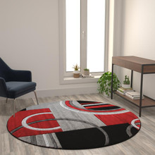 Audra Collection Round 5' x 5' Red Abstract Area Rug - Olefin Rug with Jute Backing - Entryway, Living Room, or Bedroom [FLF-KP-RG953-55-RD-GG]