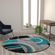 Audra Collection Round 5' x 5' Turquoise Abstract Area Rug - Olefin Rug with Jute Backing - Entryway, Living Room, or Bedroom [FLF-KP-RG953-55-TQ-GG]