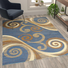 Valli Collection 5' x 7' Blue Abstract Area Rug - Olefin Rug with Jute Backing - Hallway, Entryway, Bedroom, Living Room [FLF-OKR-RG1100-57-BL-GG]