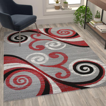 Valli Collection 5' x 7' Red Abstract Area Rug - Olefin Rug with Jute Backing - Hallway, Entryway, Bedroom, Living Room [FLF-OKR-RG1100-57-RD-GG]