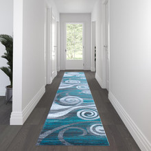Cirrus Collection 3' x 16' Turquoise Swirl Patterned Olefin Area Rug with Jute Backing for Entryway, Living Room, Bedroom [FLF-OKR-RG1103-316-TQ-GG]