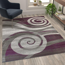 Cirrus Collection 5' x 7' Purple Swirl Patterned Olefin Area Rug with Jute Backing for Entryway, Living Room, Bedroom [FLF-OKR-RG1103-57-PU-GG]