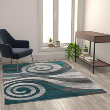 Cirrus Collection 5' x 7' Turquoise Swirl Patterned Olefin Area Rug with Jute Backing for Entryway, Living Room, Bedroom [FLF-OKR-RG1103-57-TQ-GG]
