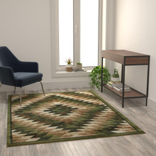 Teagan Collection Southwestern 5' x 7' Green Area Rug - Olefin Rug with Jute Backing - Entryway, Living Room, Bedroom [FLF-OKR-RG1106-57-GN-GG]