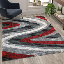 Altum Collection 5' x 7' Red Wave Patterned Olefin Area Rug with Jute Backing for Entryway, Living Room, Bedroom [FLF-OKR-RG1107-57-RD-GG]