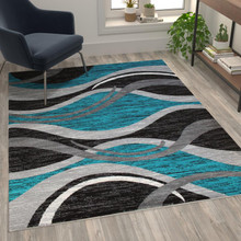 Wisp Collection 5' x 7' Turquoise Rippled Olefin Area Rug with Jute Backing for Entryway, Living Room, Bedroom [FLF-OKR-RG1109-57-TQ-GG]