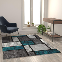Raven Collection 5' x 7' Turquoise Color Bricked Olefin Area Rug with Jute Backing for Entryway, Living Room, Bedroom [FLF-OKR-RG1110-57-TQ-GG]
