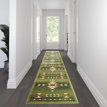 Lodi Collection Southwestern 3' x 16' Green Area Rug - Olefin Rug with Jute Backing for Hallway, Entryway, Bedroom, Living Room [FLF-OKR-RG1113-316-GN-GG]