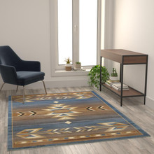 Lodi Collection Southwestern 5' x 7' Blue Area Rug - Olefin Rug with Jute Backing for Hallway, Entryway, Bedroom, Living Room [FLF-OKR-RG1113-57-BL-GG]
