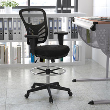 Mid-Back Black Mesh Ergonomic Drafting Chair with Adjustable Chrome Foot Ring, Adjustable Arms and Black Frame [FLF-HL-0001-1CBLACK-GG]