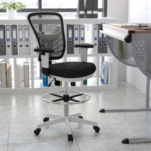 Mid-Back Black Mesh Ergonomic Drafting Chair with Adjustable Chrome Foot Ring, Adjustable Arms and White Frame [FLF-HL-0001-1CWHITE-GG]