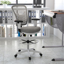 Mid-Back Light Gray Mesh Ergonomic Drafting Chair with Adjustable Chrome Foot Ring, Adjustable Arms and White Frame [FLF-HL-0001-1CWHITE-LTGY-GG]