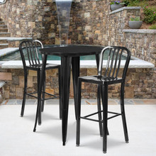 Commercial Grade 30" Round Black Metal Indoor-Outdoor Bar Table Set with 2 Vertical Slat Back Stools [FLF-CH-51090BH-2-30VRT-BK-GG]