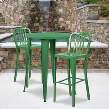 Commercial Grade 30" Round Green Metal Indoor-Outdoor Bar Table Set with 2 Vertical Slat Back Stools [FLF-CH-51090BH-2-30VRT-GN-GG]