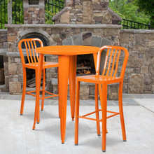 Commercial Grade 30" Round Orange Metal Indoor-Outdoor Bar Table Set with 2 Vertical Slat Back Stools [FLF-CH-51090BH-2-30VRT-OR-GG]