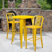Commercial Grade 30" Round Yellow Metal Indoor-Outdoor Bar Table Set with 2 Vertical Slat Back Stools [FLF-CH-51090BH-2-30VRT-YL-GG]