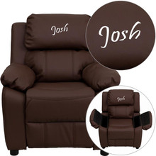 Personalized Deluxe Padded Brown LeatherSoft Kids Recliner with Storage Arms [FLF-BT-7985-KID-BRN-LEA-TXTEMB-GG]