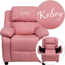 Personalized Deluxe Padded Pink Vinyl Kids Recliner with Storage Arms [FLF-BT-7985-KID-PINK-TXTEMB-GG]