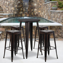 Commercial Grade 24" Round Black-Antique Gold Metal Indoor-Outdoor Bar Table Set with 4 Square Seat Backless Stools [FLF-CH-51080BH-4-30SQST-BQ-GG]
