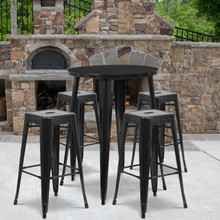 Commercial Grade 30" Round Black Metal Indoor-Outdoor Bar Table Set with 4 Square Seat Backless Stools [FLF-CH-51090BH-4-30SQST-BK-GG]