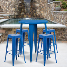 Commercial Grade 30" Round Blue Metal Indoor-Outdoor Bar Table Set with 4 Square Seat Backless Stools [FLF-CH-51090BH-4-30SQST-BL-GG]