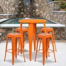 Commercial Grade 30" Round Orange Metal Indoor-Outdoor Bar Table Set with 4 Square Seat Backless Stools [FLF-CH-51090BH-4-30SQST-OR-GG]