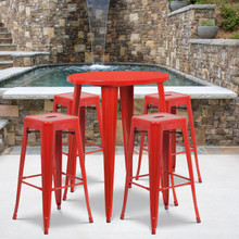 Commercial Grade 30" Round Red Metal Indoor-Outdoor Bar Table Set with 4 Square Seat Backless Stools [FLF-CH-51090BH-4-30SQST-RED-GG]