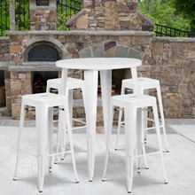 Commercial Grade 30" Round White Metal Indoor-Outdoor Bar Table Set with 4 Square Seat Backless Stools [FLF-CH-51090BH-4-30SQST-WH-GG]